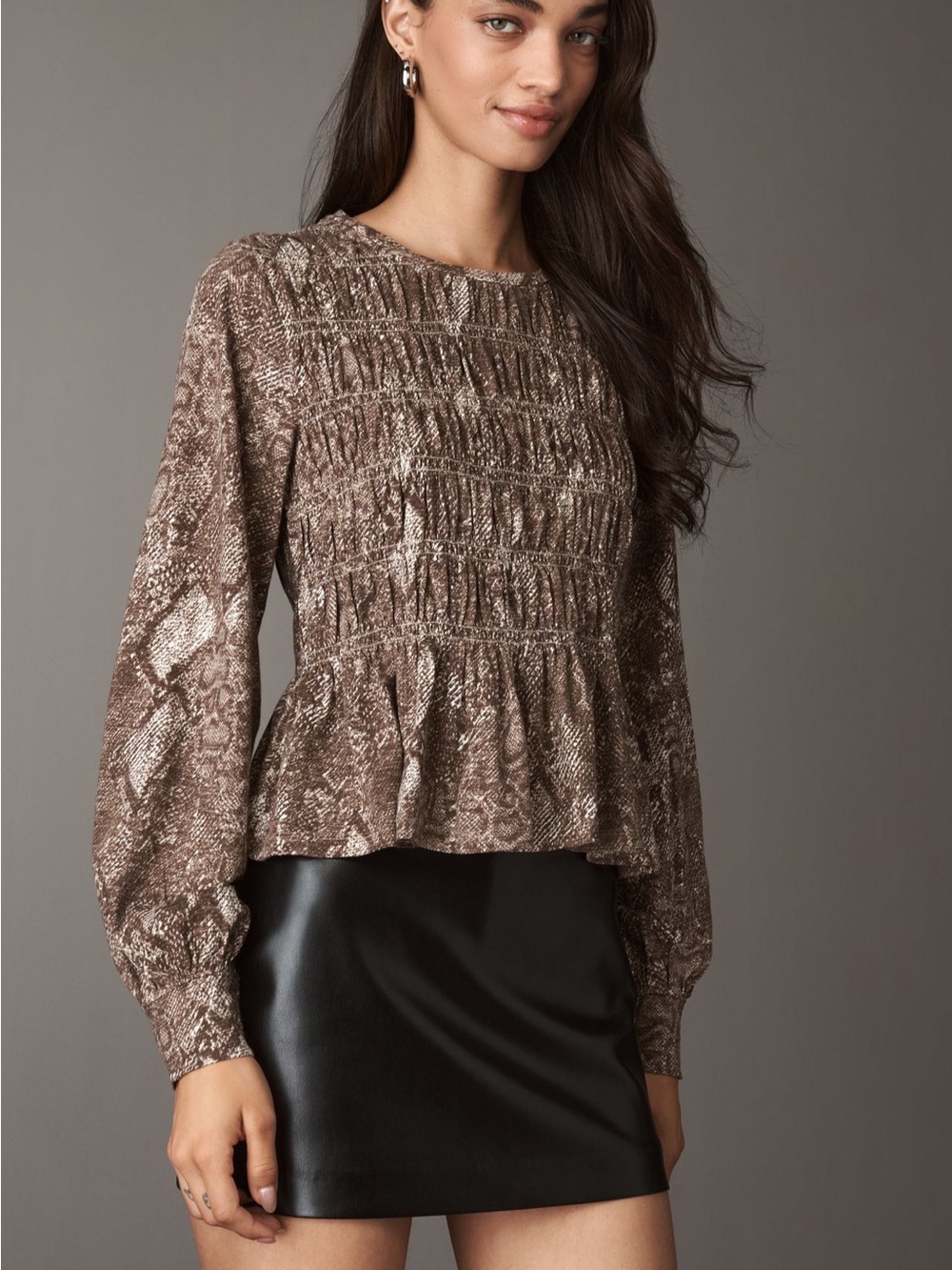 Pilcro Brown Smocked Peplum Blouse with Subtle Print
